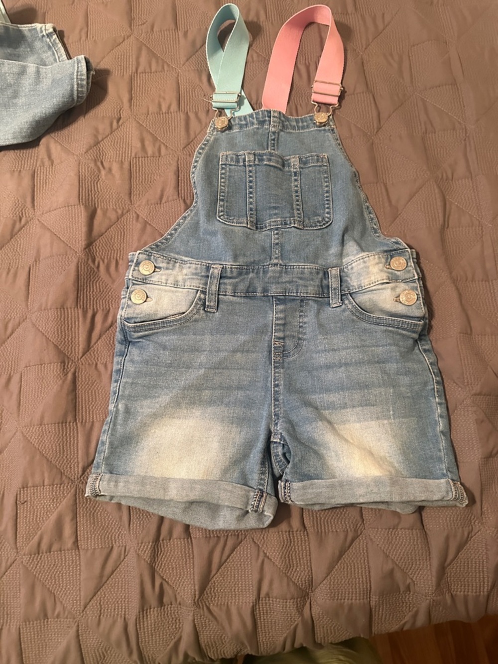 Vigoss Light Blue Denim Short Overalls with Pink & Mint Straps